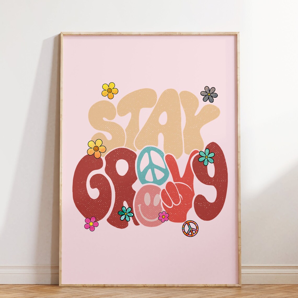 Stay Groovy Bold 70s Peace Sign Smiley Retro Hippie Quote Poster