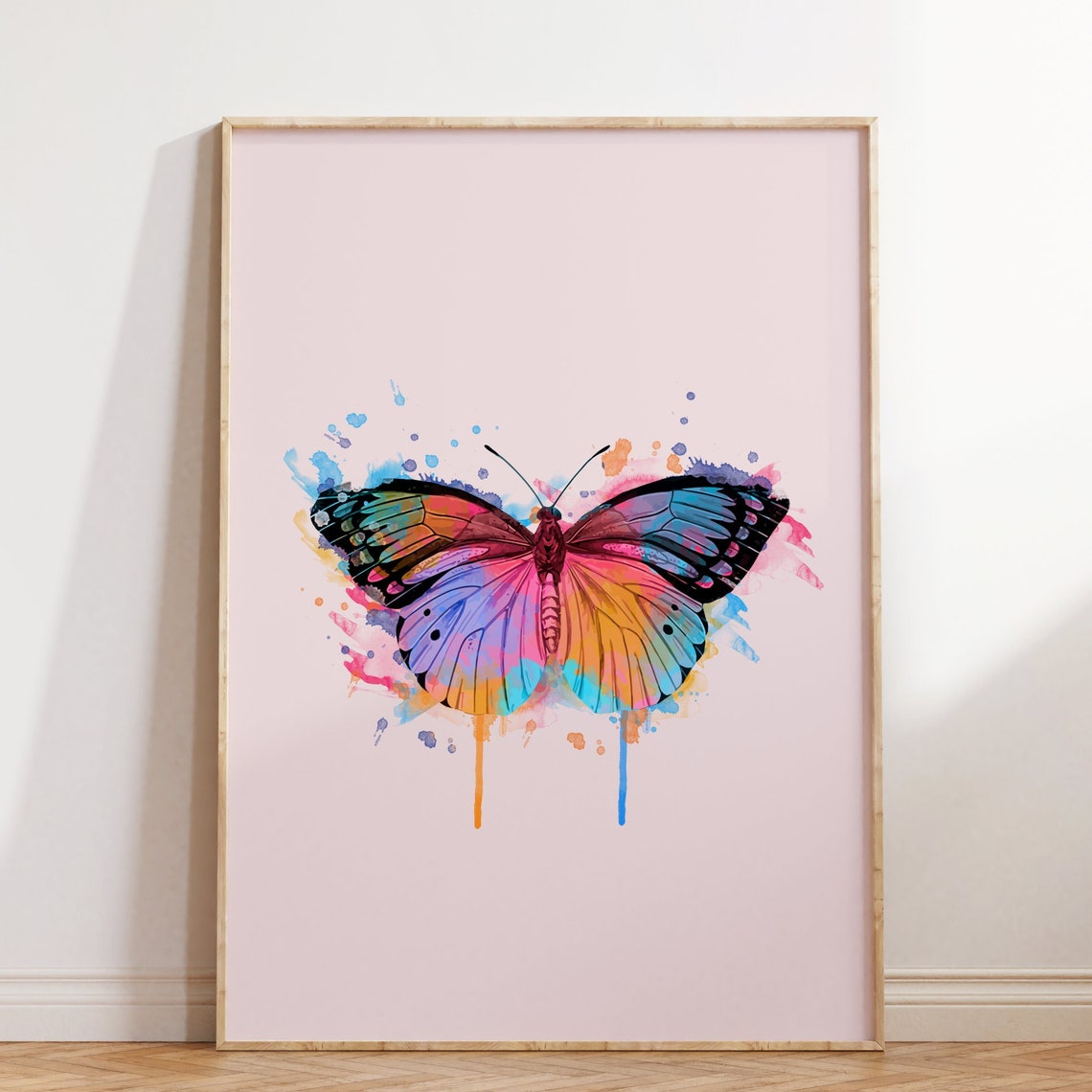 Rainbow Watercolor Butterfly Poster Pink Wall Decor Modern Insect Art