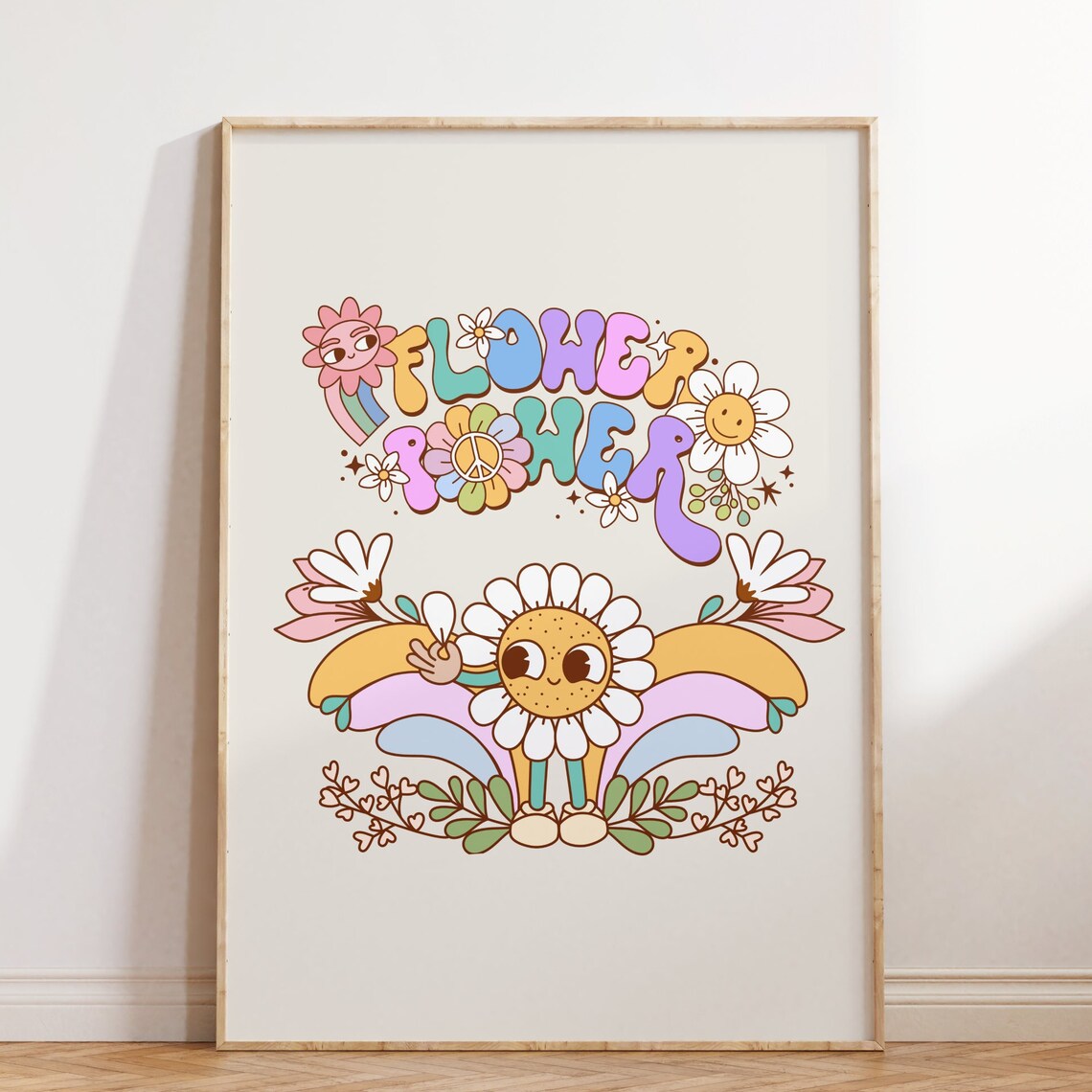 Cute Flower Power Print Retro Wall Art Art Retro Poster Floral Print Housewarming Gift Wall Decor