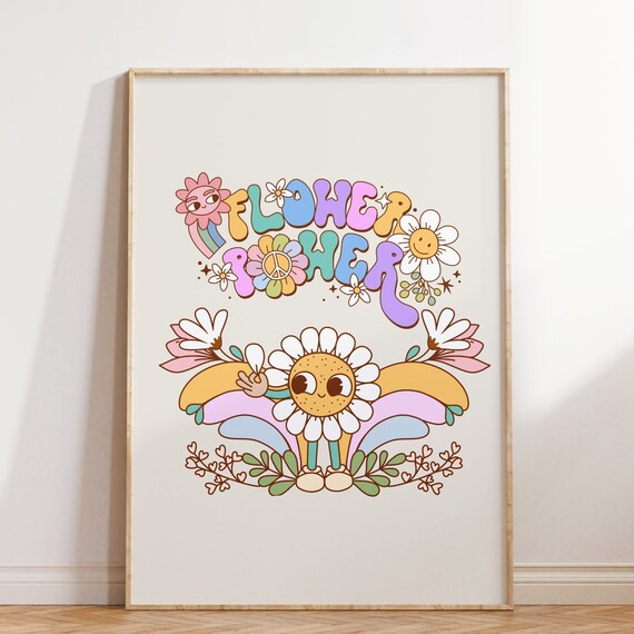 Cute Flower Power Print Retro Wall Art Art Retro Poster Floral Print Housewarming Gift Wall Decor