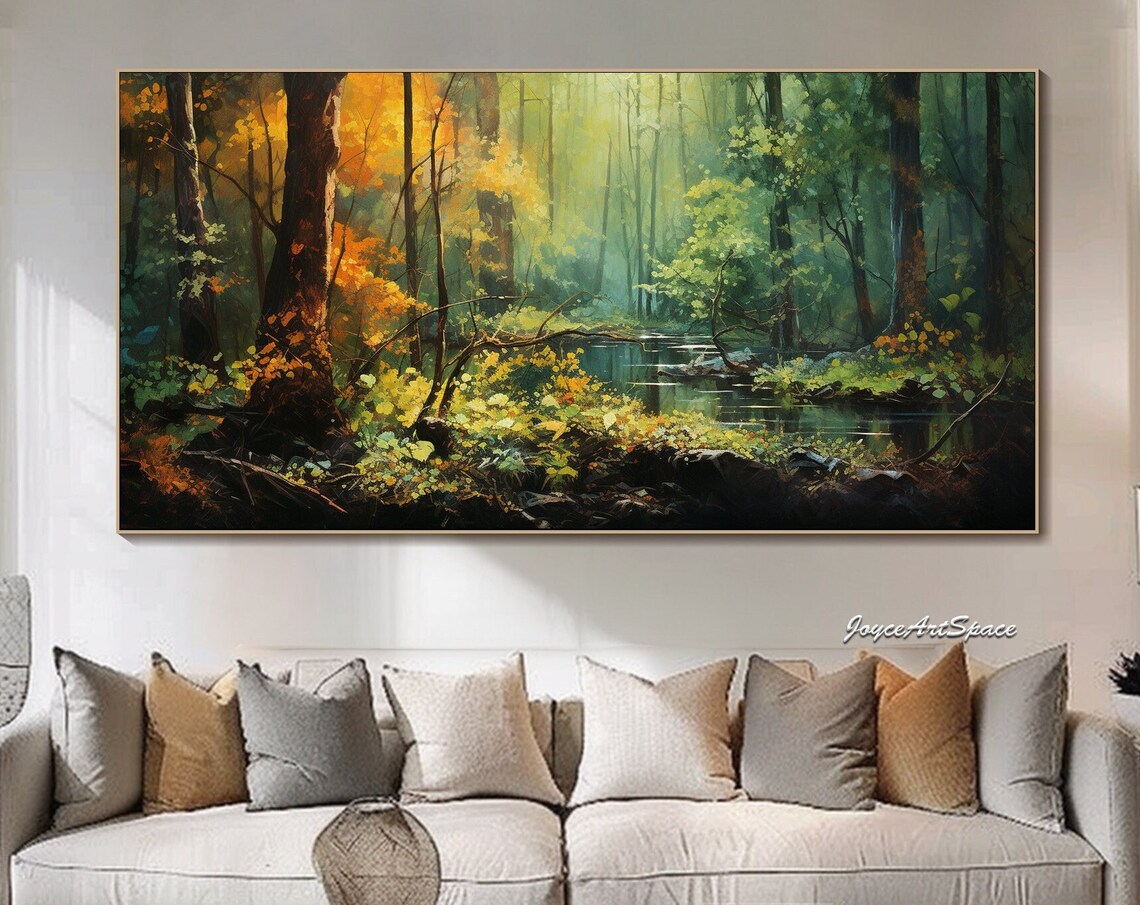 3D Textured Forest Oil Painting, Abstract Green Tree Art Print