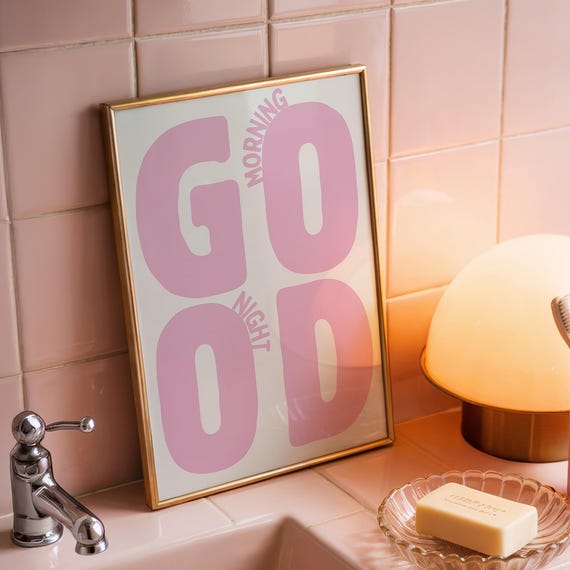 Good Morning Night Wall Art Neutral Decor Playful Typography Print Modern Dorm Cute Pink