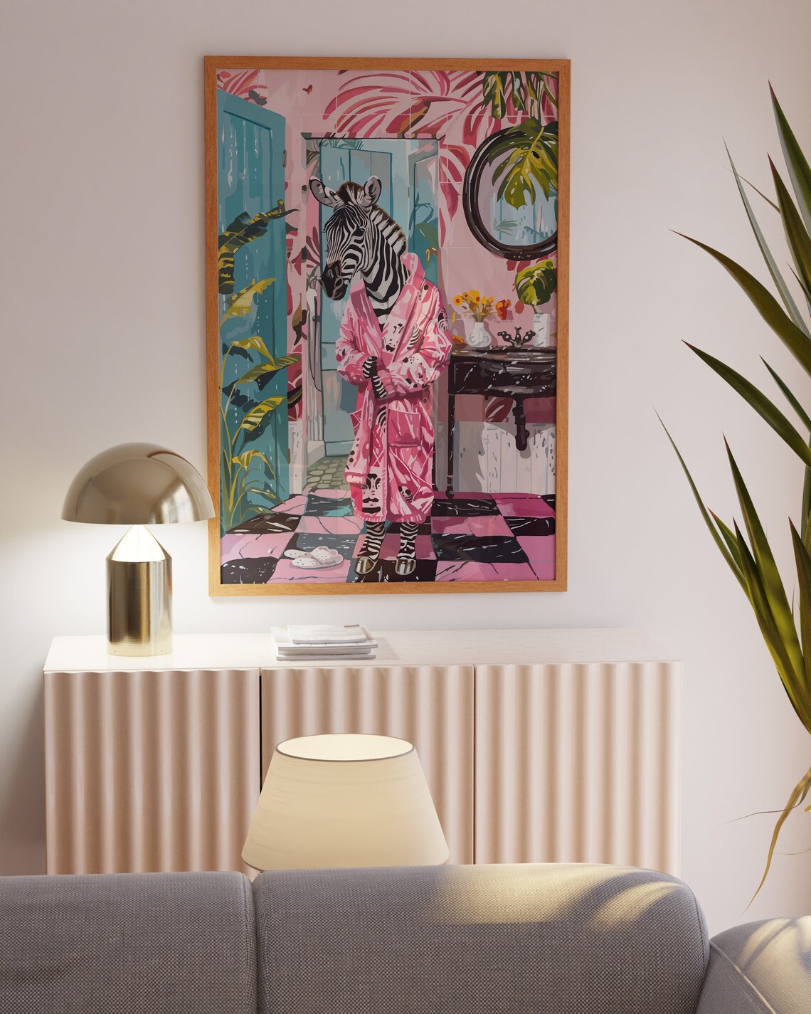 Zebra in Pink Robe Tropical Bathroom Funny Eclectic Zebra Wall Art - Image 4
