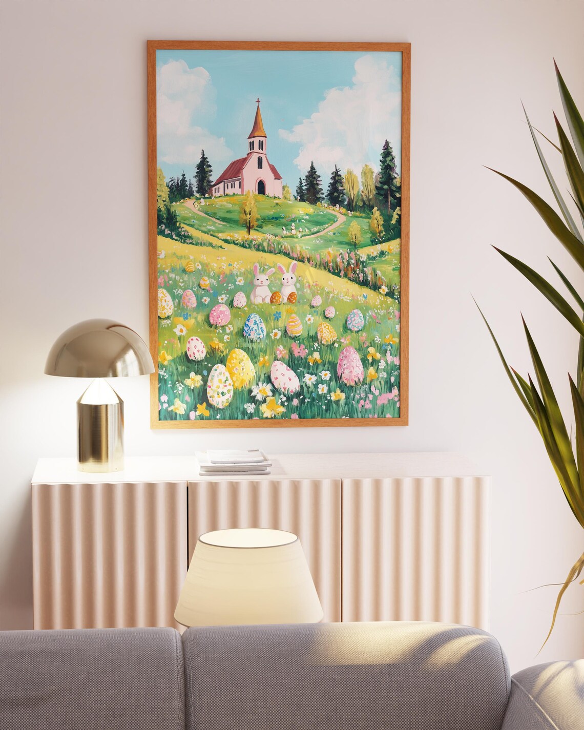 Easter Bunnies in Flower Meadow by Hill Church Spring Day Poster - Image 3