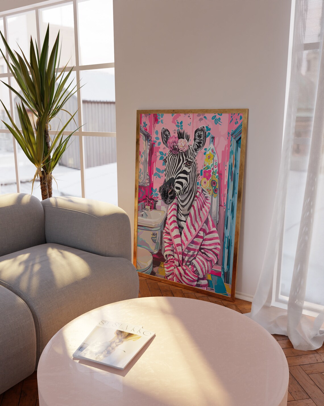 Funny Zebra in Pink Striped Robe Flower Crown Bathroom Poster - Image 4