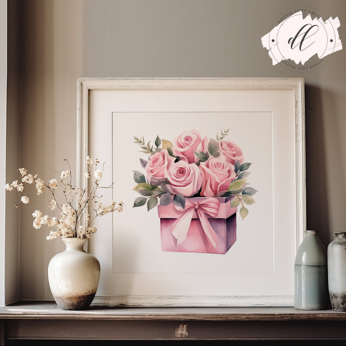 Pink Roses Gift Box Watercolor Romantic Floral Bouquet Wall Art