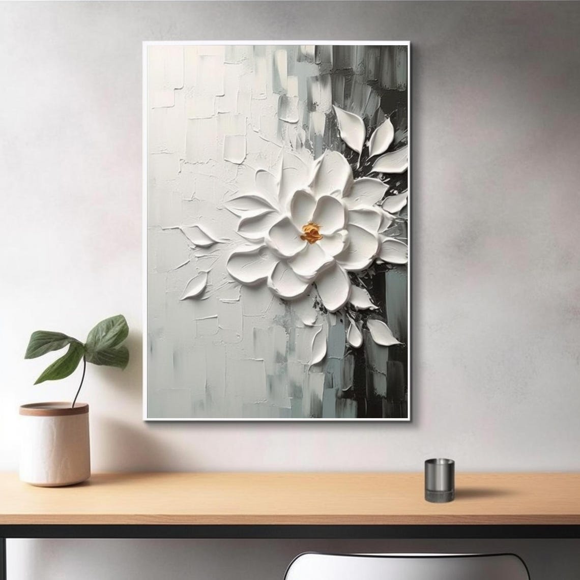 White Floral Cluster Gold Center Gray Abstract Botanical Art Poster - Image 3