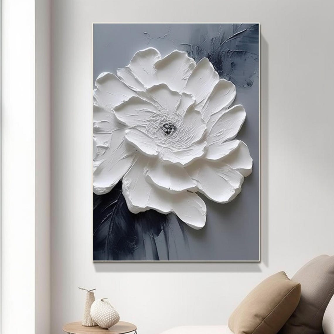 White Layered Bloom Gray Textured Background Modern Floral Art Poster - Image 5