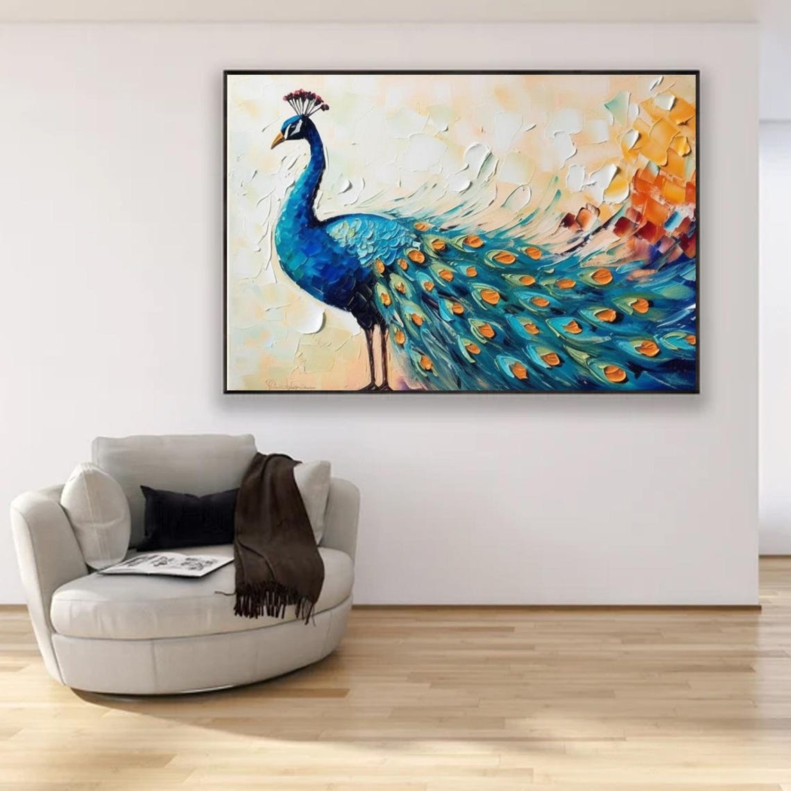 Blue Peacock with Orange Tail Abstract Textured Bird Art Poster
