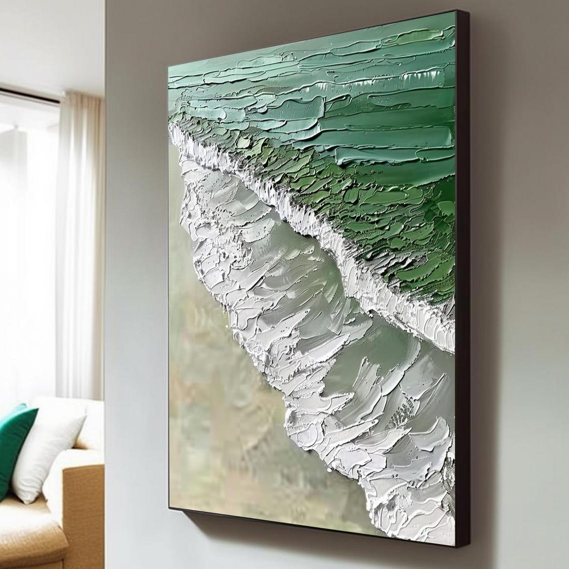 Aerial Green Coast White Foam Waves Textured Ocean Art Poster