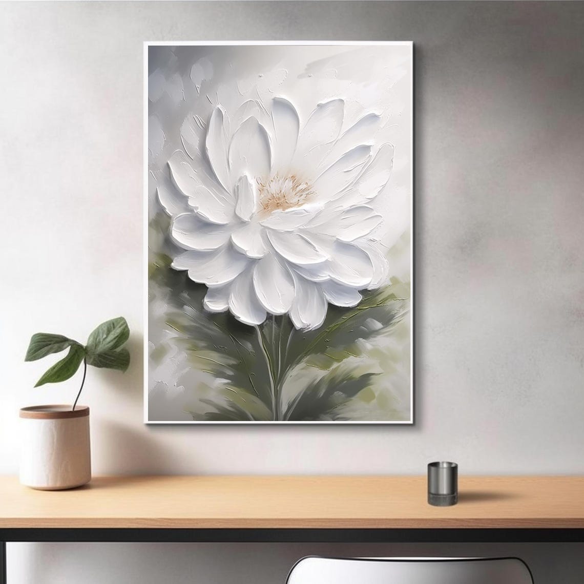White Textured Flower With Green Foliage Minimalist Decor Art Poster - Image 4