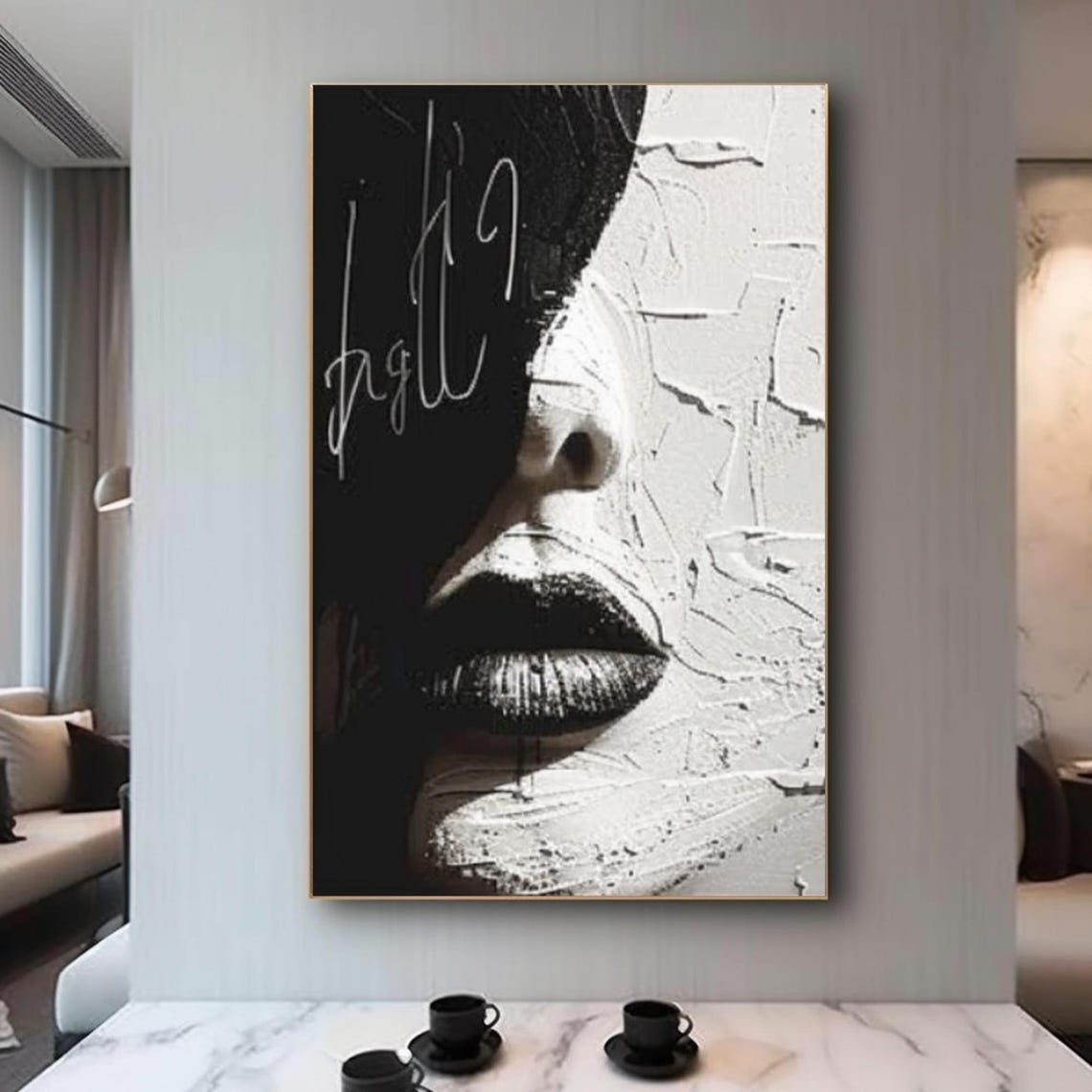 Black White Half Face Lips Close Up Textured Contrast Art Poster - Image 2