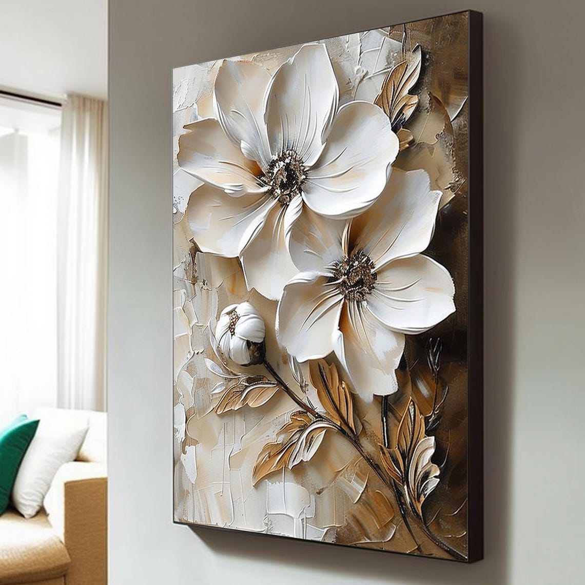 Twin White Blooms Bronze Leaves Cream Textured Floral Art Poster