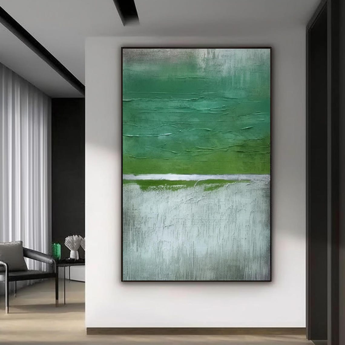 Green White Rain Abstract Vertical Texture Calming Decor Art Poster - Image 5