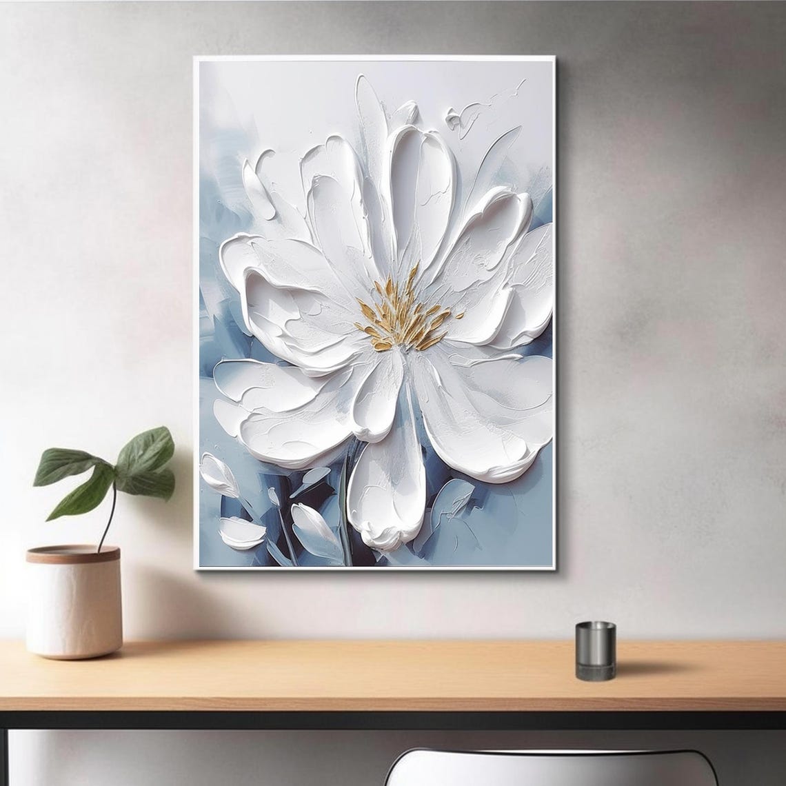 White Bloom Gold Center Pale Blue Palette Knife Floral Art Poster - Image 3