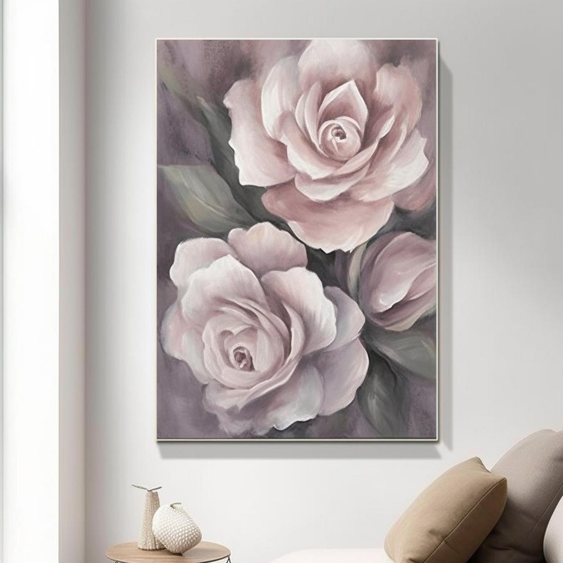 Large Soft Pink Roses Oil Painting Elegant Floral Still Life Wall Art