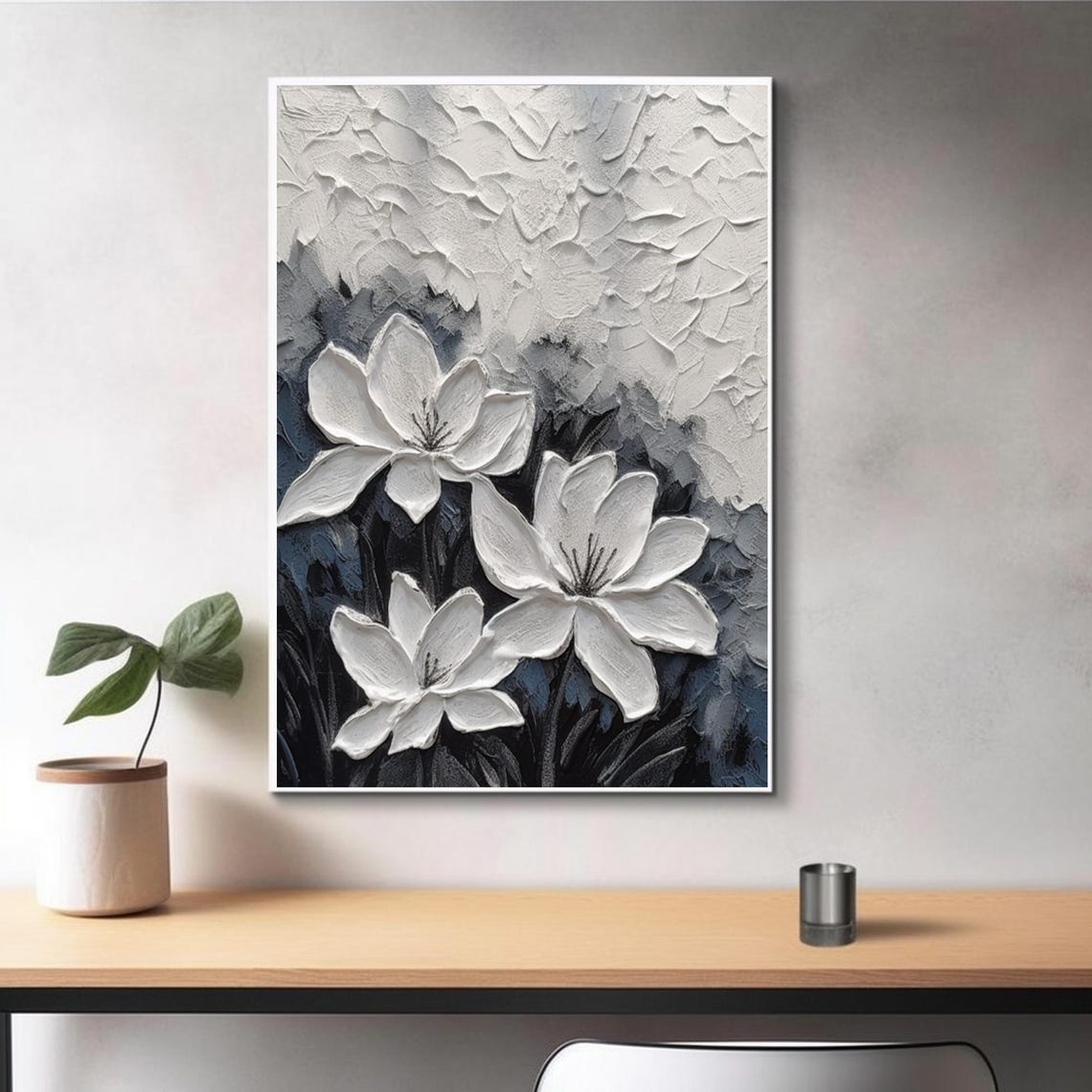 White Blooming Flowers With Heavy 3D Texture On Blue Gray Wall Art - Image 4