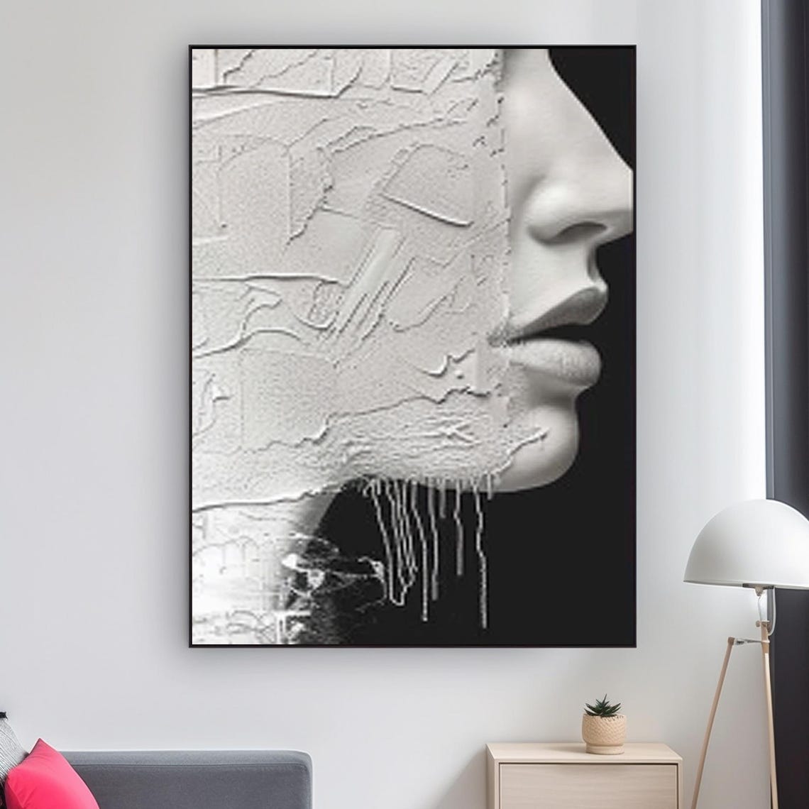 White Woman Profile Black Background Cracked Texture Art Poster - Image 2