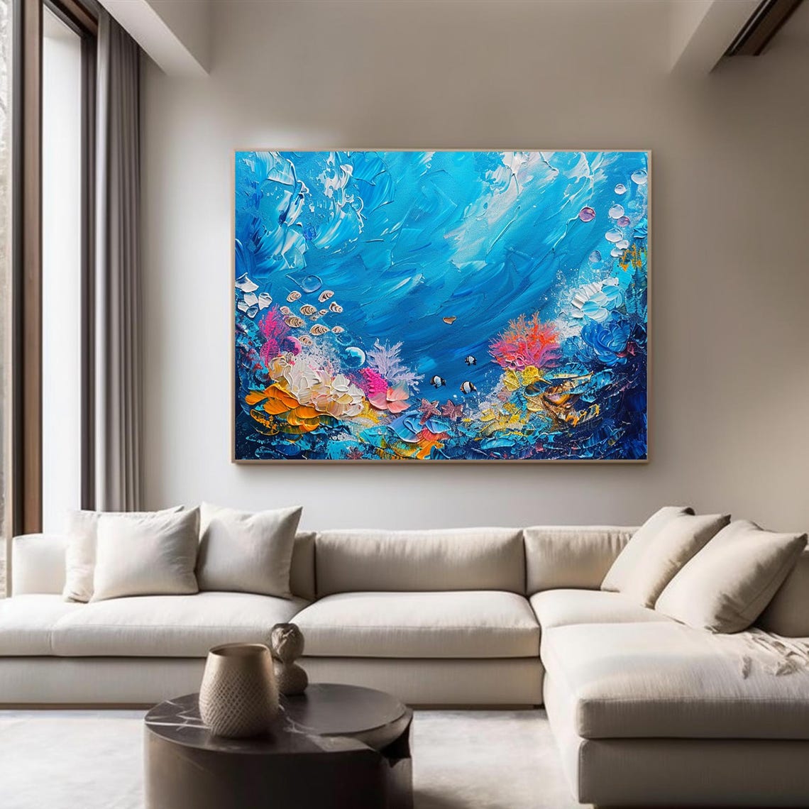 Blue Underwater World Coral Reef Fish Textured Ocean Art Poster