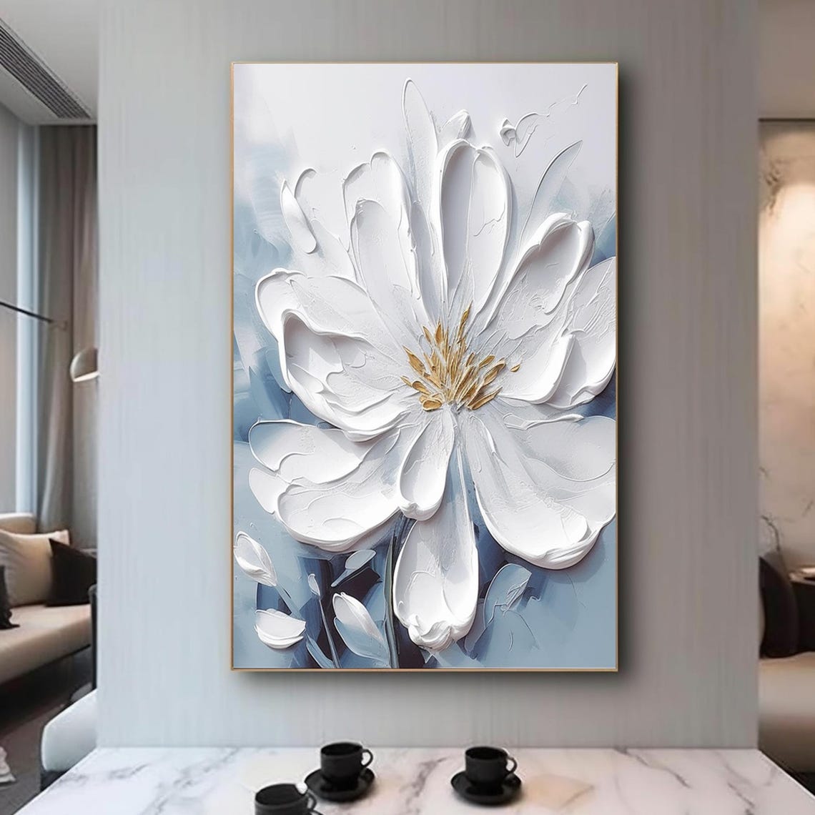 White Bloom Gold Center Pale Blue Palette Knife Floral Art Poster - Image 2