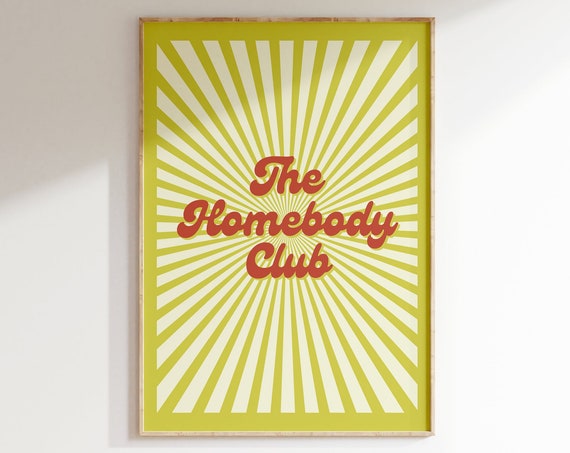 Retro The Homebody Club Quote Print 70s Aesthetic Wall Art Lime Green Brown Boho Seventies Poster Gift For Introverts