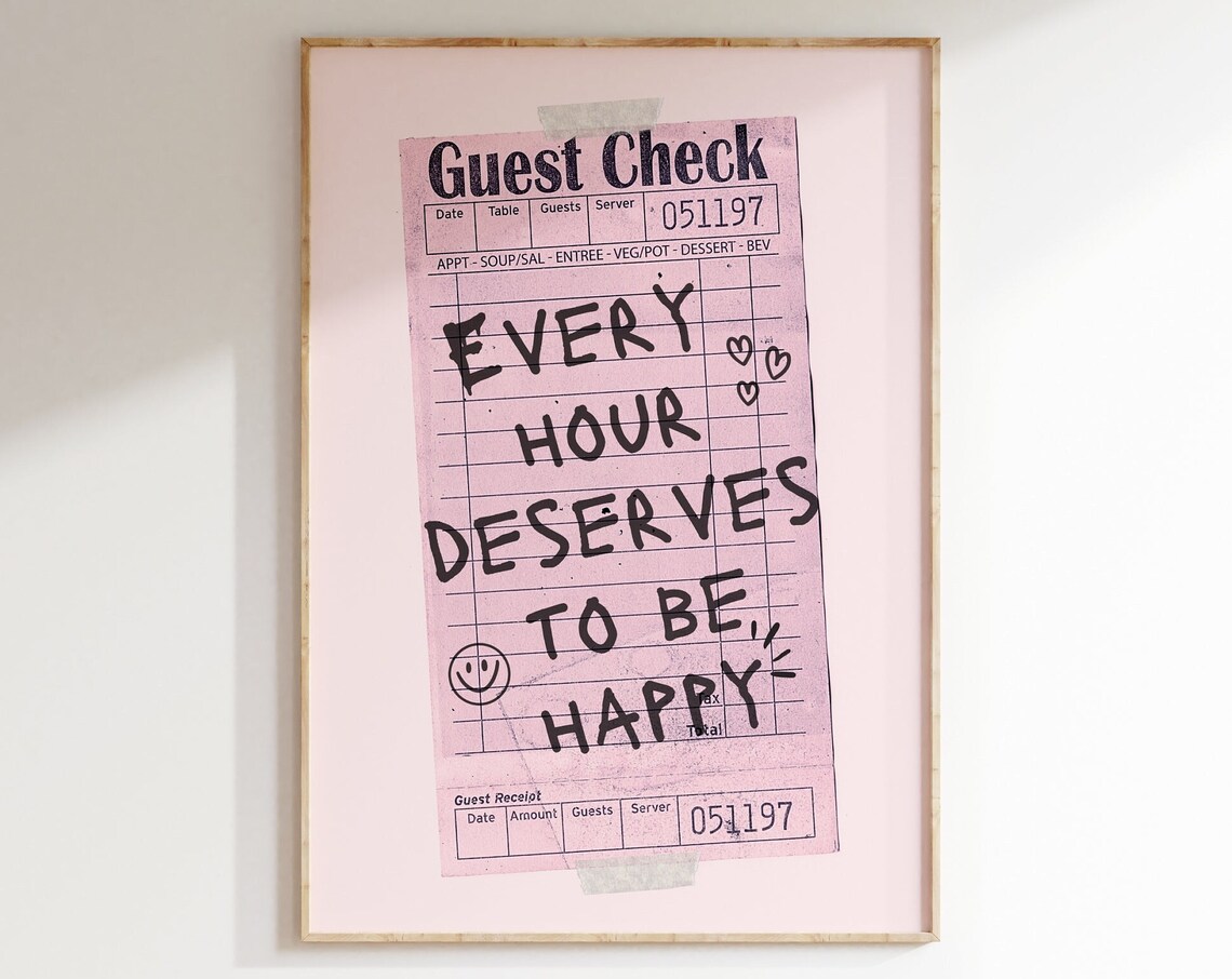 Every Hour Deserves To Be Happy Guest Check Pink Fun Bar Poster