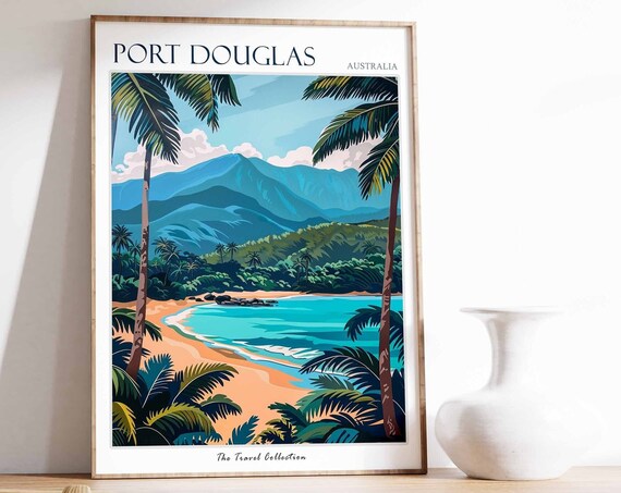 Port Douglas Australia Tropical Beach Palm Tree Scene Art Travel Poster