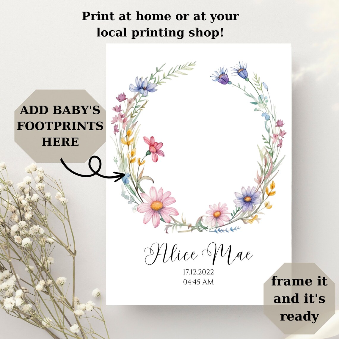 Custom Watercolor Wildflowers Nursery Footprint Art Print - Image 3