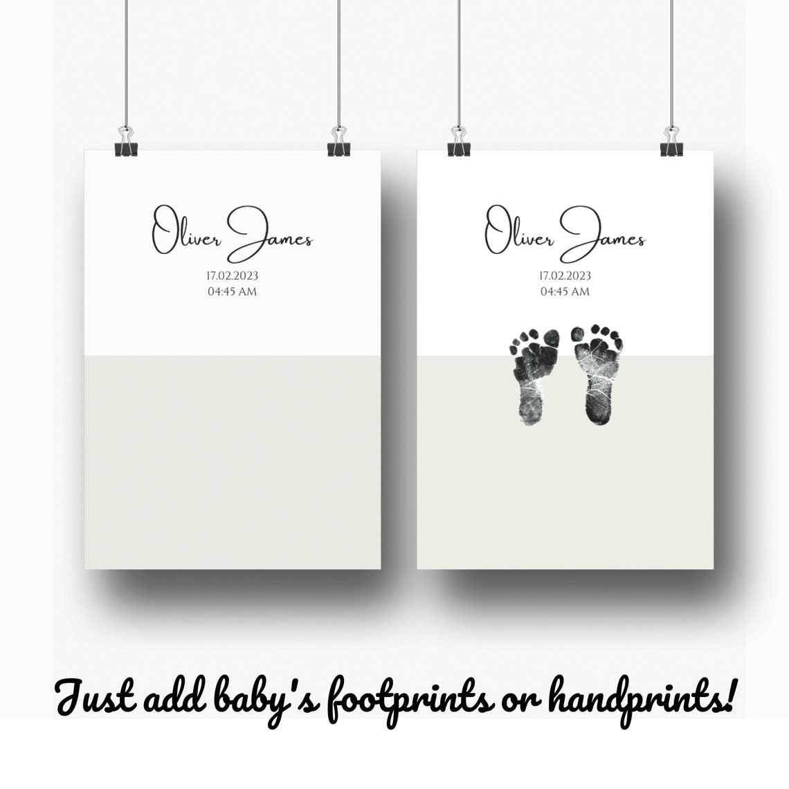 Personalized Minimal Baby Footprint Birth Print Sage Green Wall Art - Image 2