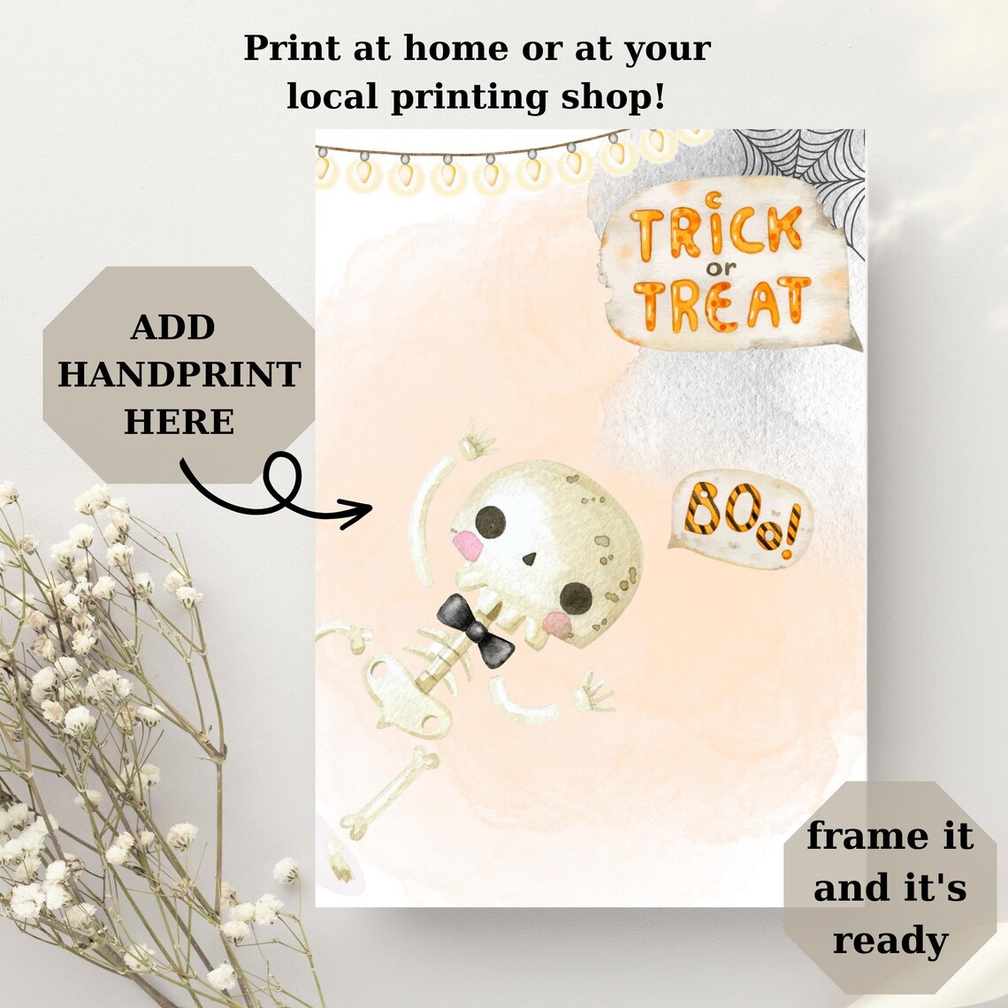 Trick or Treat Boo Baby Handprint Skeleton Bow Tie Halloween Art Poster - Image 3