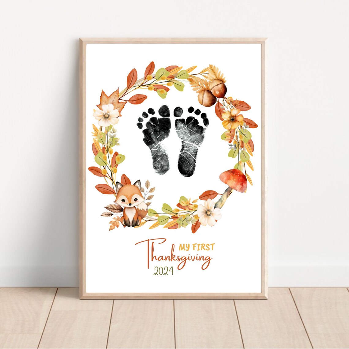 Baby Footprint First Thanksgiving Fox Autumn Wreath Keepsake Poster