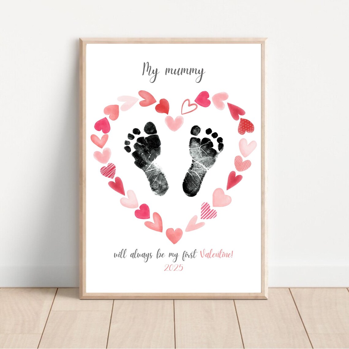 My Mommy First Valentine Black Footprint Pink Heart Wreath Art Print - Image 2