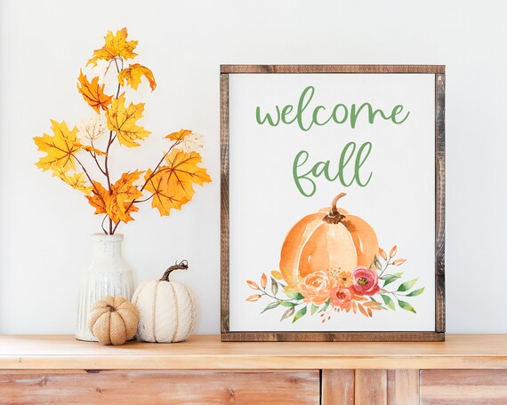 Welcome Fall Watercolor Pumpkin Floral Autumn Home Decor Poster