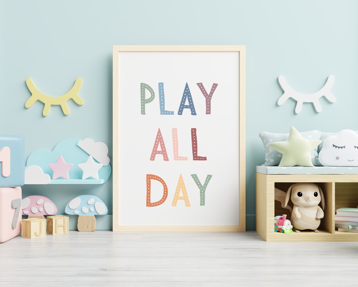 Play All Day Playroom Sign, Scandi Pastel Art Print - Image 2