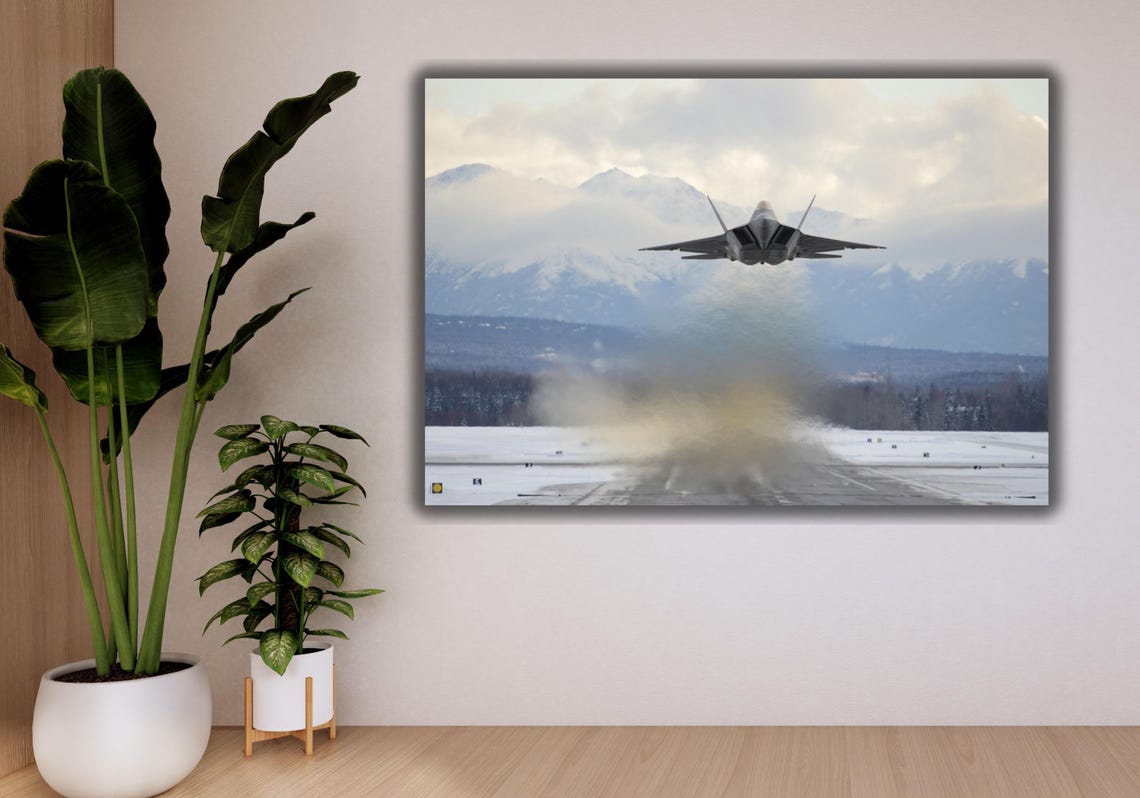 F-22 Raptor Stealth Fighter Snowy Runway Takeoff Aviation Poster - Image 2