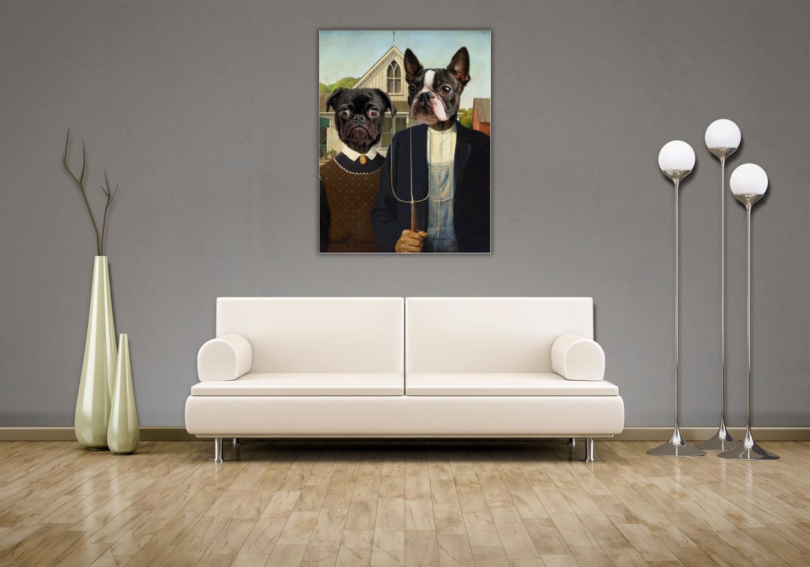 American Gothic Dogs Funny Pug Boston Terrier Parody Painting Poster - Image 2