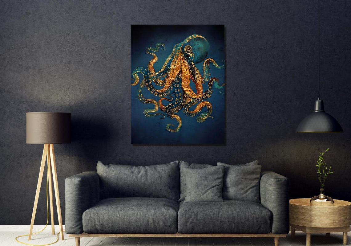 Golden Octopus on Deep Navy Blue Tentacle Sea Creature Art Poster - Image 2