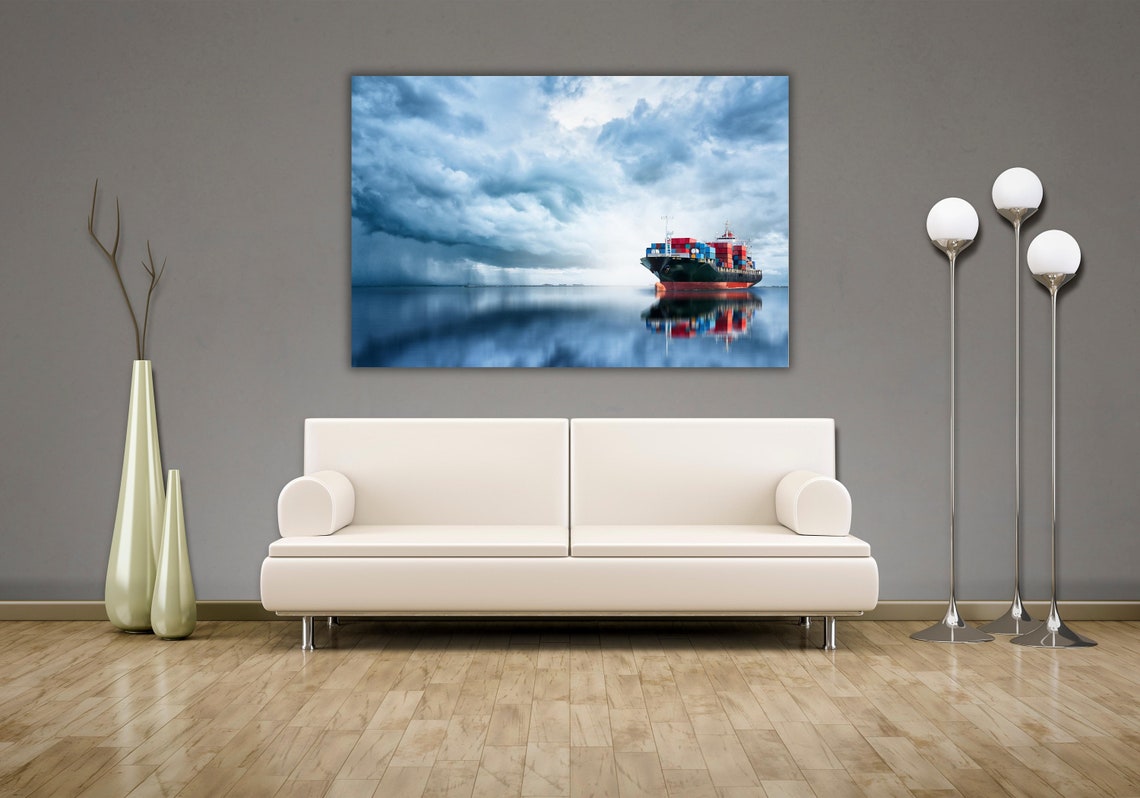 Container Cargo Ship Storm Clouds Calm Sea Reflection Photo Poster - Image 2