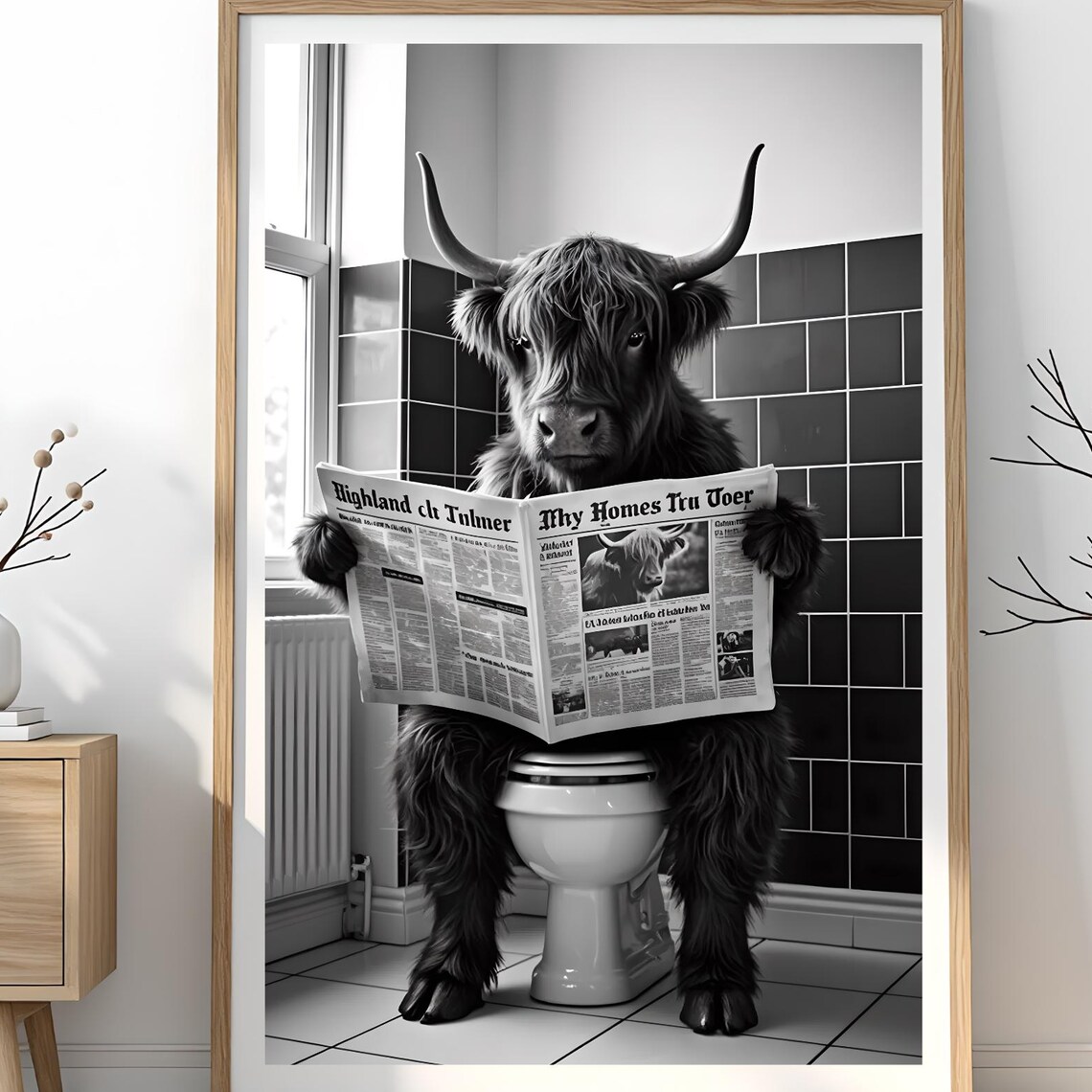 Highland Cow Toilet Newspaper Funny Black White Bathroom Poster