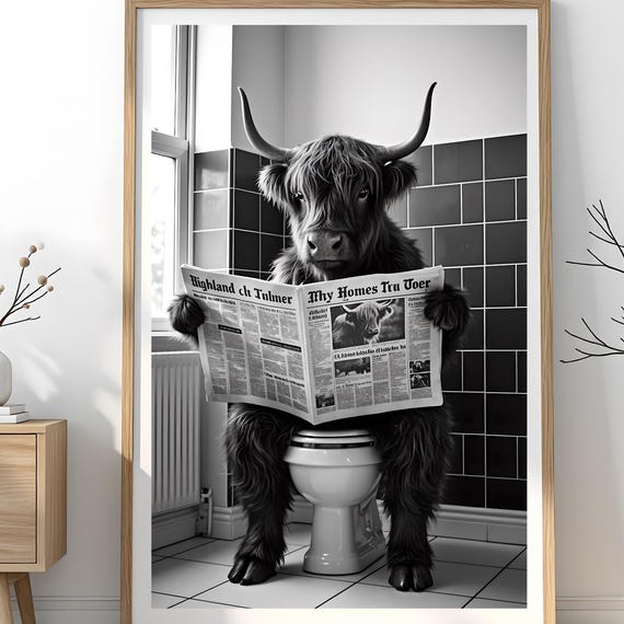Funny Highland Cow Bathroom Print Newspaper Toilet Art