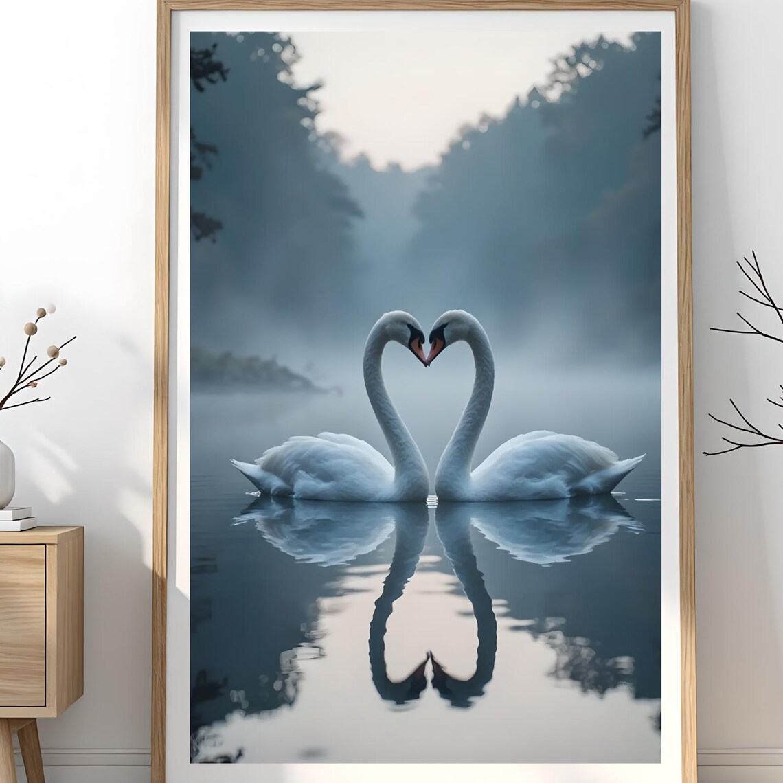 Romantic Swan Lake Heart Shape Misty Morning Couple Art Poster