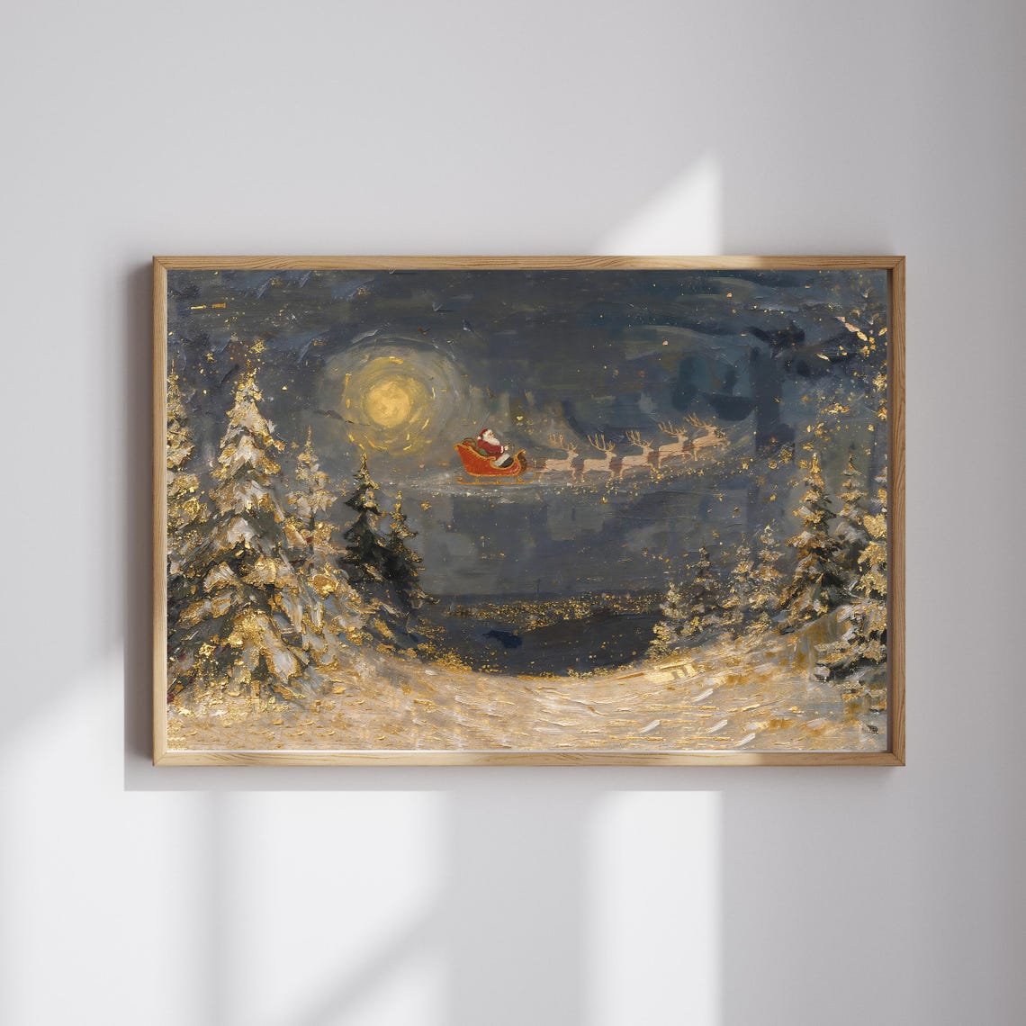 Santa Claus Flying Over Snowy Forest Moonlit Gold Christmas Poster