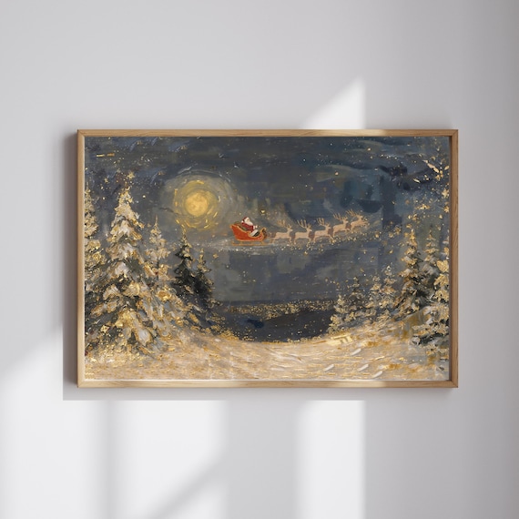 Santa Claus Flying Over Snowy Forest Moonlit Gold Christmas Poster
