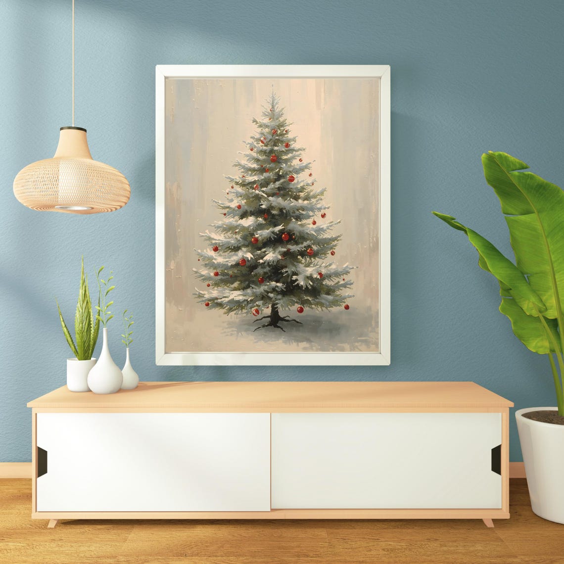 Minimalist Snowy Christmas Tree Red Ornaments Neutral Holiday Poster