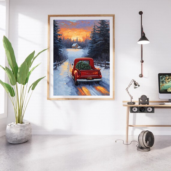 Vintage Red Truck Christmas Art Print, Winter Scene