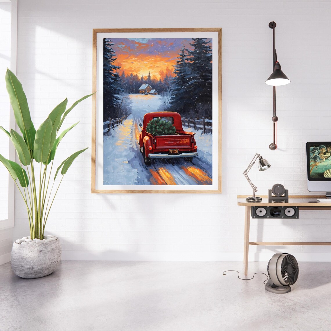 Vintage Red Truck Christmas Art Print, Winter Scene