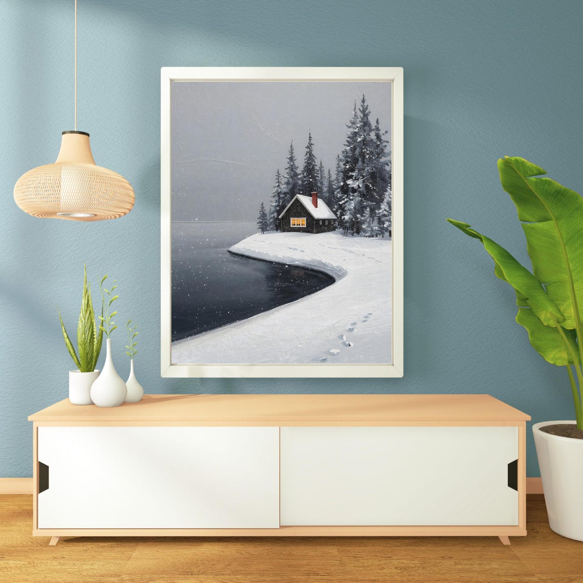 Cozy Winter Cabin By Moonlit Lake Snowy Pines Peaceful Night Poster