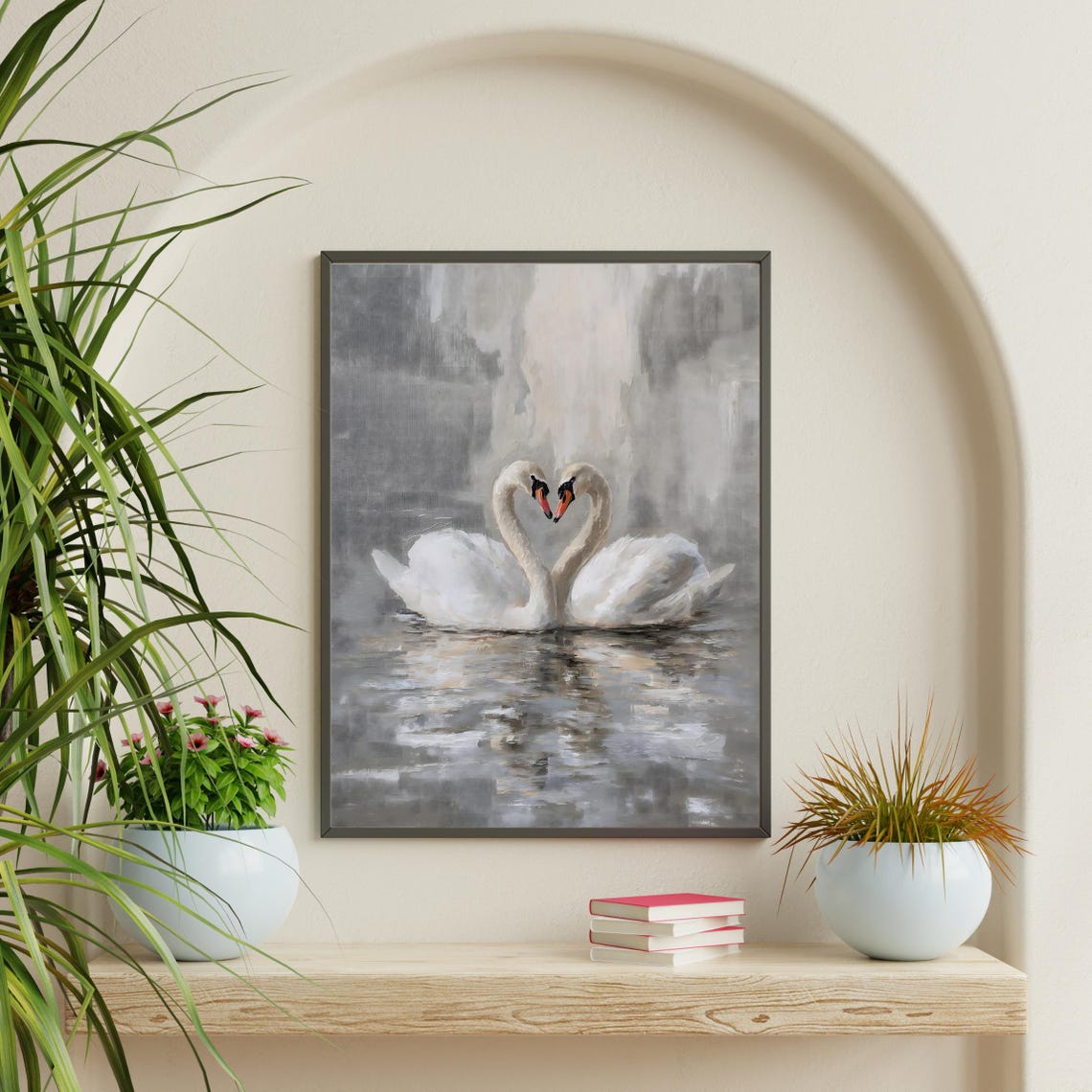 Two White Swans Heart Necks Gray Watercolor Romantic Love Poster