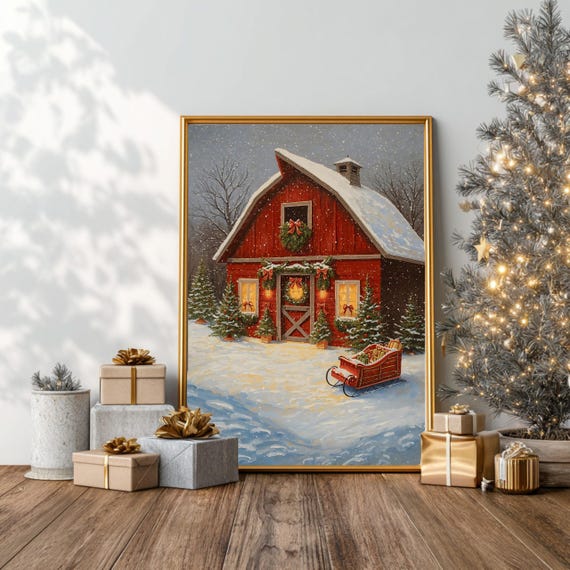 Christmas Red Barn in Snow with Sleigh Holiday Poster Farmhouse
