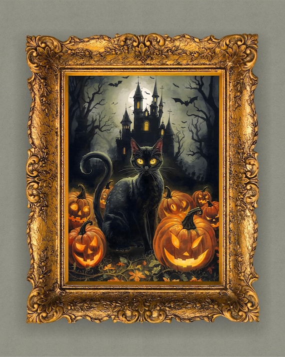 Haunting Black Cat With Pumpkins And Castle Vintage Halloween Style Wall Art Haunted House